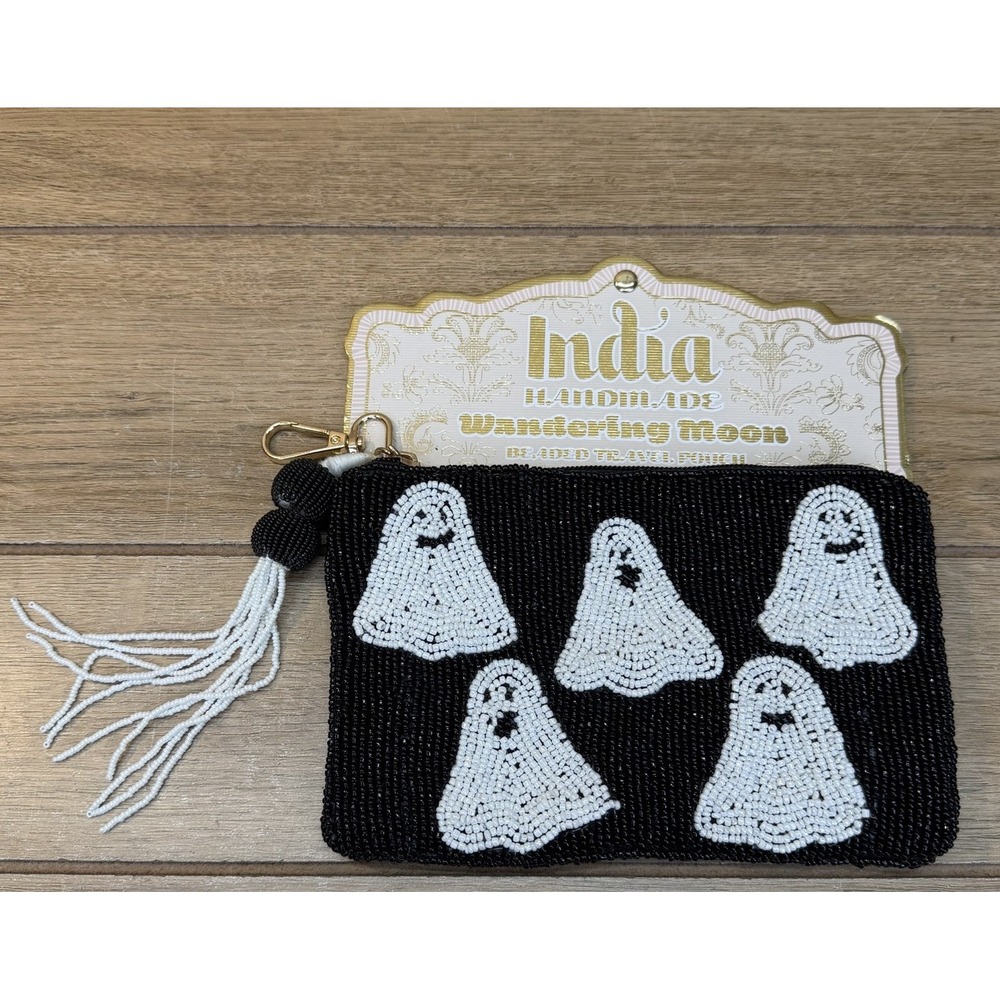 Wandering Moon Beaded Pouch Ghost Halloween Black White India Spooky Tassel NWT